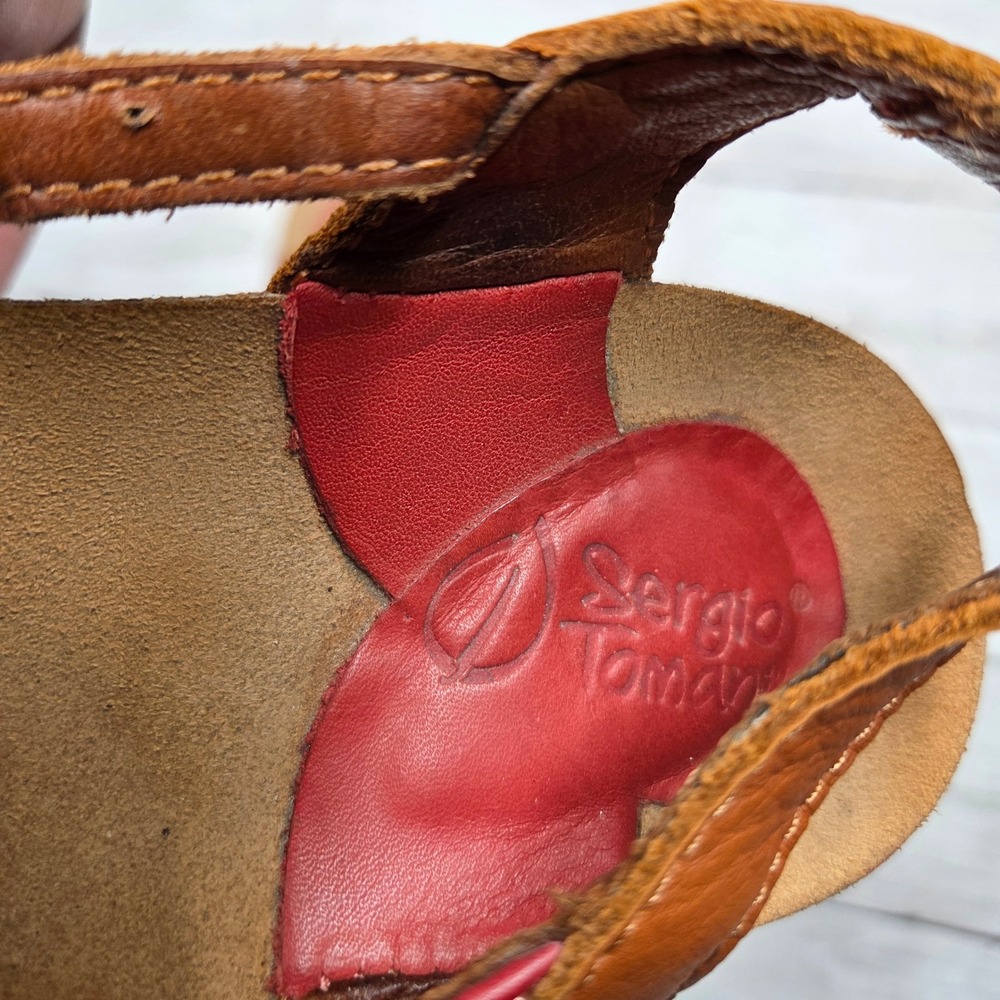 Sergio Tomani Leather Peep Toe Wedge Sandals Women 37 Red Brown Boho Buckle - Picture 3 of 9